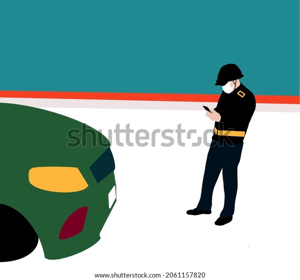 Police officer\
writing a ticket fine to a car in no parking area. Violation\
ticket. Vector\
illustration