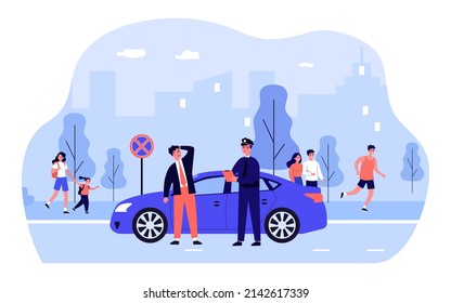 Police officer writing ticket to sad driver. Male characters standing near car on city road flat vector illustration. Violation, penalty concept for banner, website design or landing web page