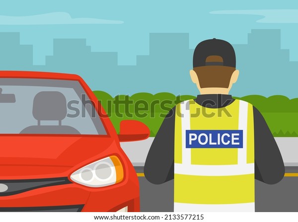 Police officer writing\
traffic ticket for red sedan car that parked in prohibited parking\
area. Close-up back view of a policeman. Flat vector illustration\
template.