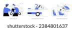 Police officers abstract concept vector illustration set. Police patrol car, emergency operation, patrol helicopter, border guard station, military service, defense forces abstract metaphor.