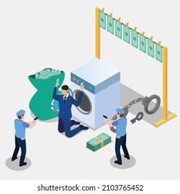 Police officers arrest money laundry crime isometric 3d vector concept for banner, website, illustration, landing page, flyer, etc.