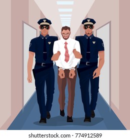 Police officers arrested businessman at office and lead him with handcuffs in business center. Corruption or Crime concept. Simplistic realistic cartoon style. Vector illustration