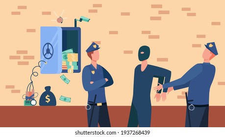 Police officers arresting bank safe robber man. Policemen catching thief flat vector illustration. Security, robbery crime concept for banner, website design or landing web page