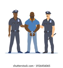 Police officers arresting the criminal. The criminal is handcuffed. Vector illustration.