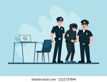 Police officers arresting hacker, vector illustration