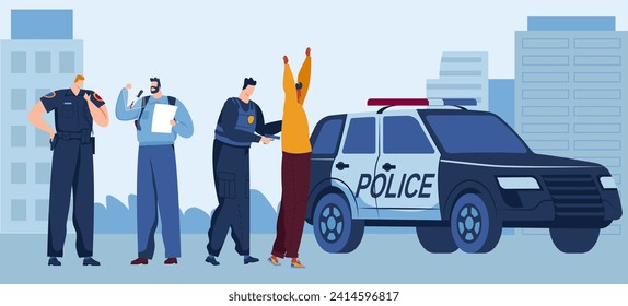 Police officers arresting suspect near squad car, cityscape background. Law enforcement and public safety vector illustration.