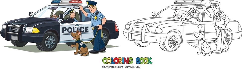 Police officers and police car. Coloring book