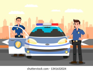 Police Officers And Car Flat Vector Illustration. Bodyguards And Police Vehicle Cartoon Characters. Policemen On Mission. Security Service Guard Workers. Guardians At Work And Cityscape