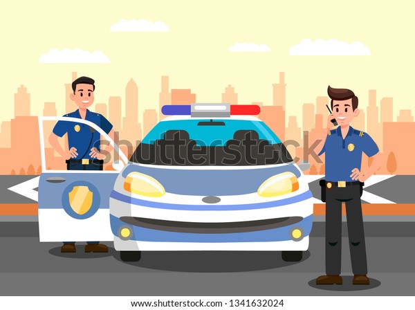 Police\
Officers and Car Flat Vector Illustration. Bodyguards and Police\
Vehicle Cartoon Characters. Policemen on Mission. Security Service\
Guard Workers. Guardians at work and\
Cityscape