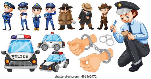 Police officers and police car set illustration