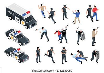 Police officers car van mobile custody unit crime prevention shooting criminals arrest isometric set isolated vector illustration 