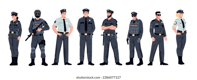 Oficiales de policía. Caricaturistas policías personajes, policías planos con uniforme, guardias y concepto de seguridad. Conjunto aislado de vectores de la ilustración de la policía de carácter de oficial