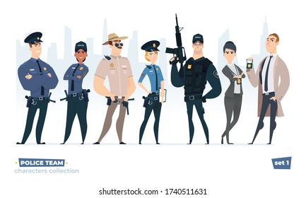 Police officers collection, police man and police woman team. Cops and officers security in uniform standing together