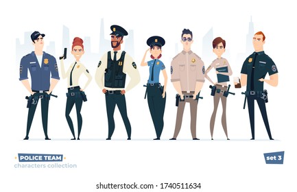 Police officers collection, police man and police woman team. Cops and officers security in uniform standing together