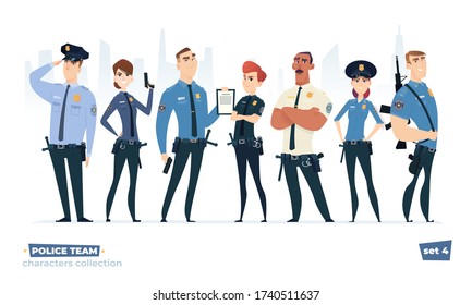 Police officers collection, police man and police woman team. Cops and officers security in uniform standing together