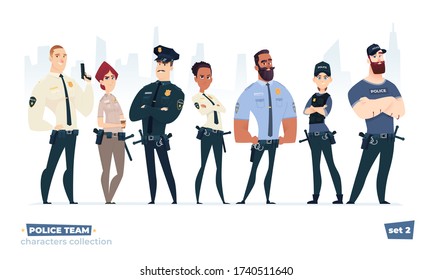 Police officers collection, police man and police woman team. Cops and officers security in uniform standing together