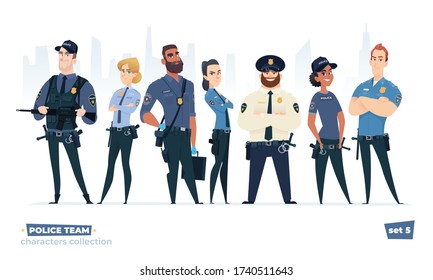 Police officers collection, police man and police woman team. Cops and officers security in uniform standing together