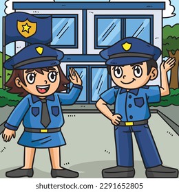 Police Officers Colored Cartoon Illustration