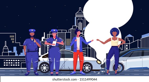 police officers couple writing report fine for mix race female drivers arguing near damaged autos car accident concept night cityscape background sketch horizontal full length