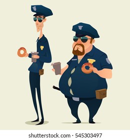 oficiales de policía con donuts y café, policías, caricaturistas, ilustraciones vectoriales aislados en segundo plano