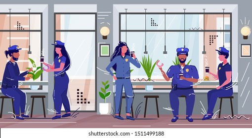 police officers eating donuts drinking coffee policemen and policewomen in uniform having lunch security authority justice law service concept modern cafe interior full length horizontal sketch