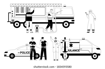 Police officers, firefighters, doctor and nurse set. Emergency service teams with special vehicles: police and ambulance car, fire truck. Vector character black linear illustration of saving lives job