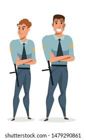 Police officers flat vector illustration. Two handsome policemen standing, crossing arms, wearing professional uniform isolated cartoon characters on white background. Dangerous job, occupation