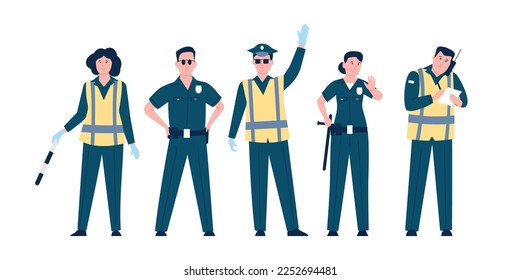 Police officers group, female and male security workers. Policemen characters, cop or guard. Cartoon bodyguards team in uniform, recent vector scene