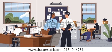 Police officers inside detective bureau. Policemen in uniform talking and working at computers in investigation department. People, cops in law authority interior panorama. Flat vector illustration