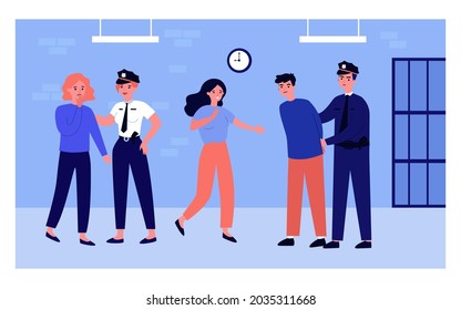 Police officers, man and girls at police station. Flat vector illustration..Law enforcement officials releasing prisoner or arresting guilty or suspect. Law, prison, arrest, crime concept for design