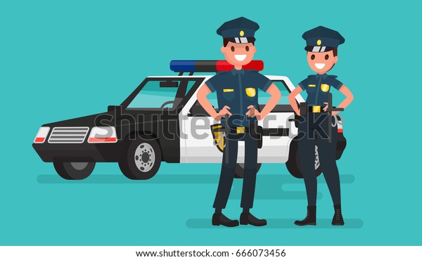 Police officers. Man and woman. Guardians of\
order. Vector illustration in a flat\
style