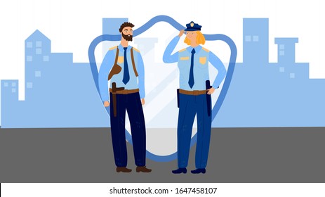 Police officers man and woman in uniform, vector illustration, Policeman and policewoman cartoon characters in city, officers on duty, smiling and friendly people. Professional security agents