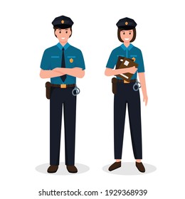 Police officers man and woman in uniform standing in front view. Job at police station, life protection, crime investigation. Vector character illustration isolated on white background.