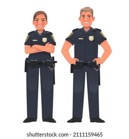 Police officers, a man and a woman in uniform stand on a white background. Keepers of order, investigation of crimes and protection of the lives of citizens. Vector illustration in cartoon style