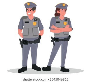 Agentes de policía, hombre y mujer con uniforme de policía. Ilustración vectorial.