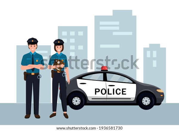 Police officers man and woman in uniform\
standing near car in city. Job at police station, life protection,\
law enforcement, crime investigation. Professional occupation.\
Vector illustration.