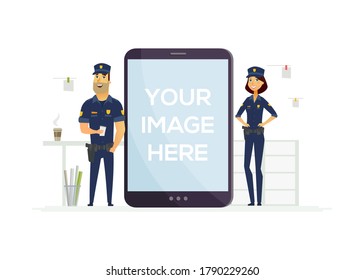 Police officers on duty - cartoon people characters illustration on white background. Young smiling man and woman in typical uniform with holsters. A tablet with place for your image on the screen