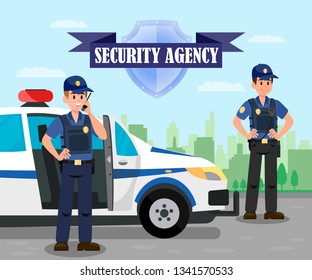 Police Officers on Mission Flat Illustration. Bodyguards and Police Car on Mission. Security Agency Emblem with Lettering. Equipped Policemen Cartoon Characters. Daytime Patrolling Poster, Banner