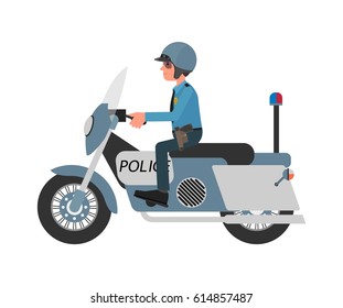Police officers patrol the streets on a patrol car. Vector illustration. Flat design style. Isolated on a white background.