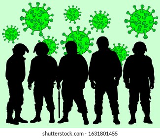 Police officers in protective uniforms are cordoned off against background of biohazard