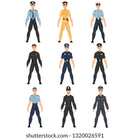 Police Officers Set, Uniform of Policemen of Different Countries Vector Illustration