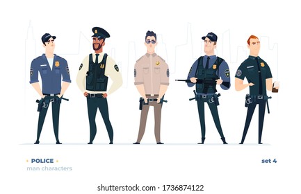 Police Officers Set. Young Cheerful Police Men Set. Police Character Collection.