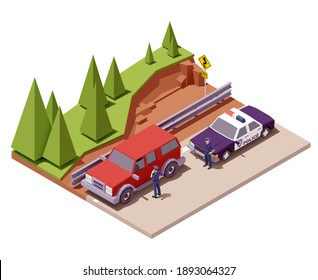 Police Officers Stop The Car On The Road. Vector Low Poly Isometric Illustration