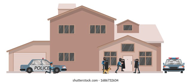 Police officers surround the house, preparing for the assault. Vector illustration, flat design style. Isolated on a white background.