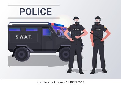 police officers in tactical gear riot policemen couple standing together near car protesters and demonstration control concept full length horizontal vector illustration