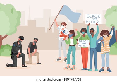 Police officers taking a knee in front of protesting people in city park vector flat illustration. People meeting, holding flags, and banners with Black lives matter words. Stop racism concept.