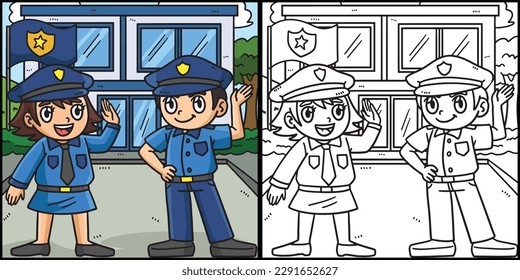 Police Officers Talking Coloring Page Illustration