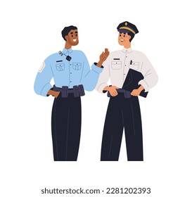 Police officers talking. Policemen colleagues communication. Men cops in uniform speaking, discussing. Young person asking mature coworker. Flat vector illustration isolated on white background