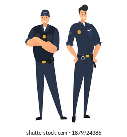 Police officers, two cop men protecting citizens. Two police officers in uniform isolated on white background. Vector illustration