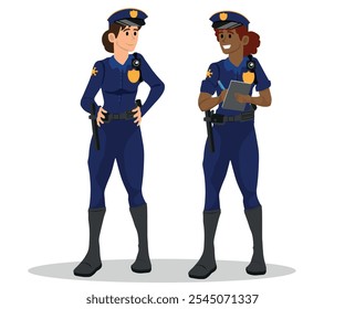 Agentes de policía, dos mujeres con uniformes de policía. Ilustración vectorial con fondo aislado blanco.